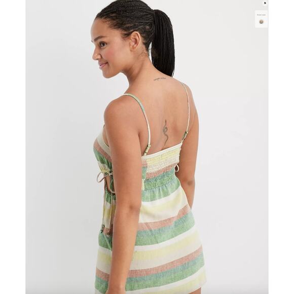 Aerie Side Cut Out Mini Linen Sundress Green Yellow Pink sz S - Picture 3 of 13